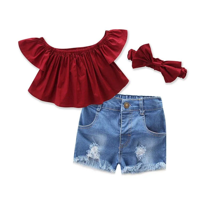 

Infant Baby Girls Clothing Sets Kids Off Shoulder Tops+Shorts+Headband Outfit Red Solid 3PCS Set Toddler Girl Clothes
