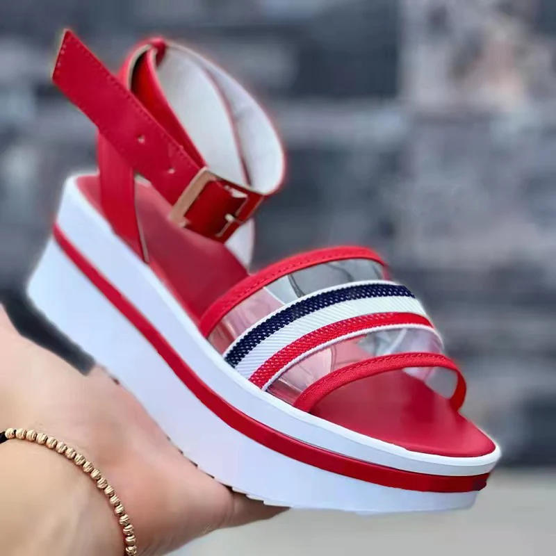 

BUSY GIRL DHY3009 Custom logo 2022 summer latest women shoes large size ankle strap wedge chunky causal sandals for ladies
