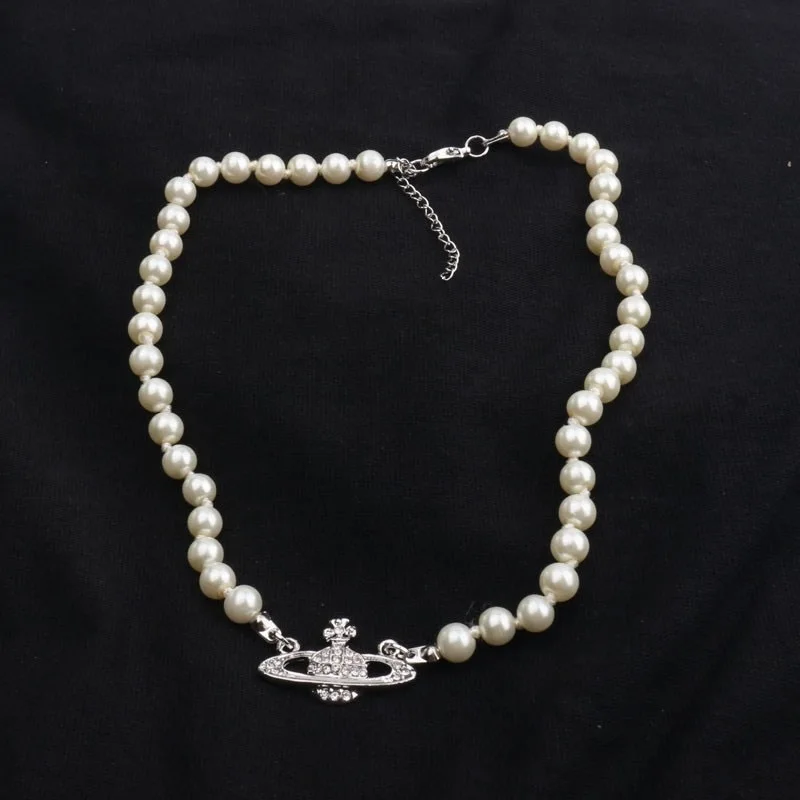 

Rhinestone Planet Charm Faux Pearl Beaded Necklace, Picture