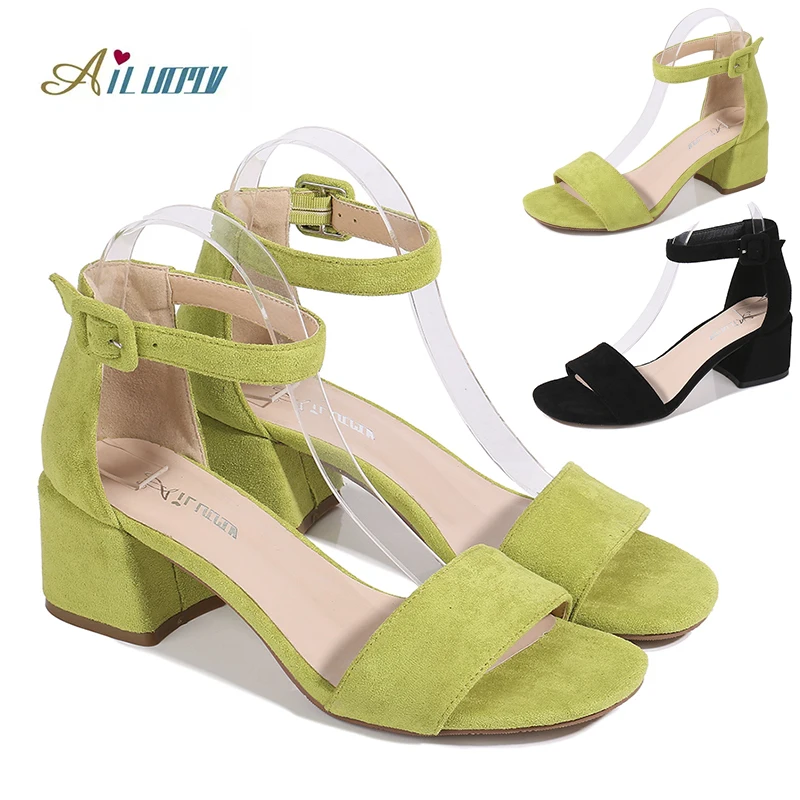 

Taili Lemon Green Black Faux Suede high mid heels Pumps Peep toe block heel sandals, Black/green