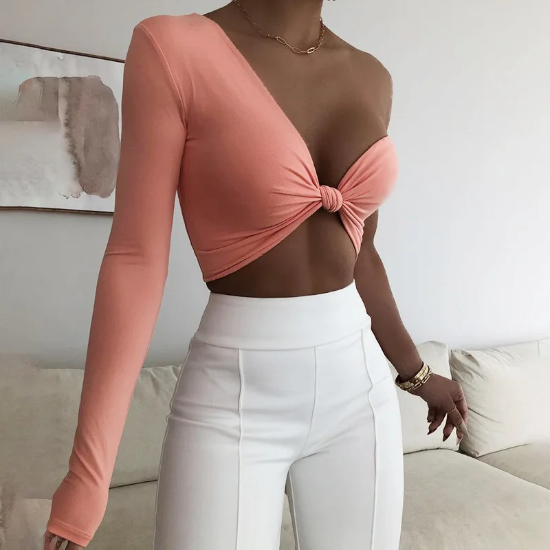 

New Design Solid Sexy Irregular Wrap Shirts & Blouses Women One Shoulder long sleeve Crop Top Wrap chest Women's Blouses