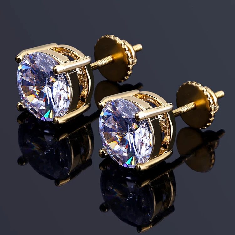 

Hip Hop Gold Plated Micro Paved 8mm Round Zircon Crystal Earrings