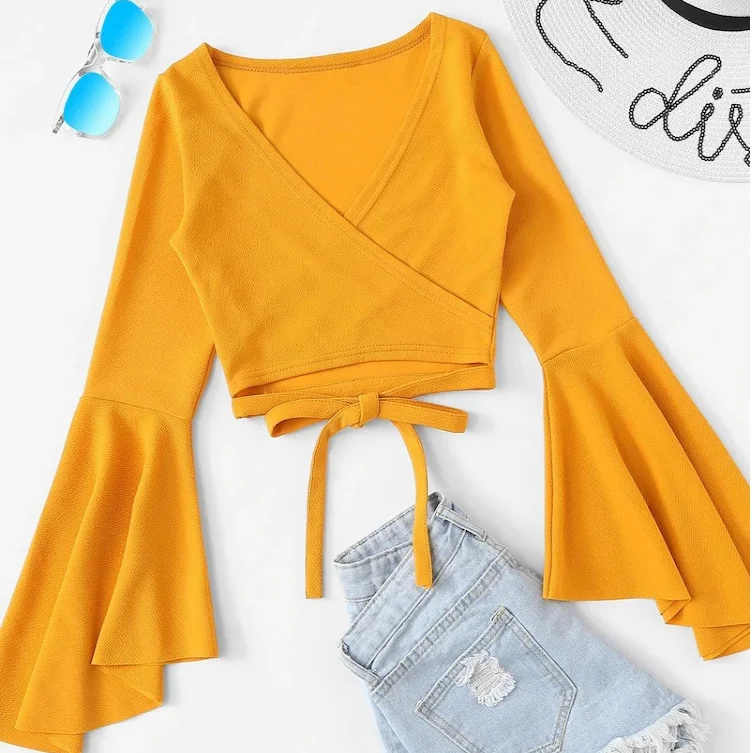

YELLOW black white white shirt long sleeve v neck criss cross shirt for girl E8950