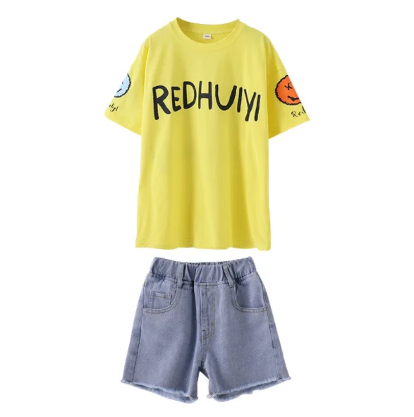 

UP-1086D Children Girls T-shirts and Jeans Shorts Kids Summer Clothes Set in Stock