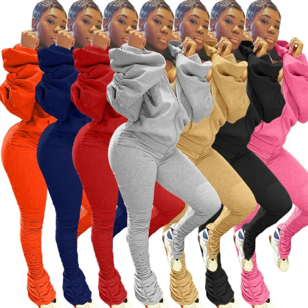 

X1254 Ladies Stacked Pants Fashion Fall Matching Clothing 2Piece Set Sexy Hoodies Women 2 Piece Outfits Joggers Biker Short Sets