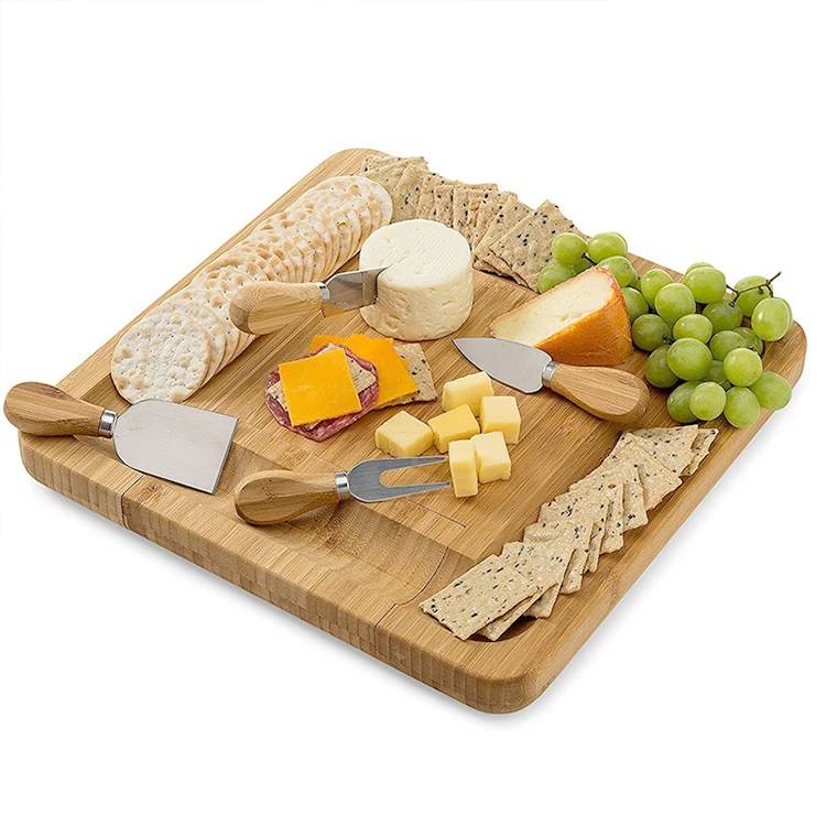 

Square Natural Wooden Bamboo Cheese Board Knife Set Charcuterie Platter Food Fruit Chheese Serving Tray with Drawer Cheese Board, Natural wood color