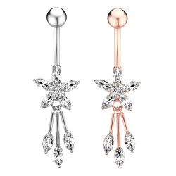 New Style 3 Leaves Belly Button Pierced Zircon Inlay Stainless Steel Navel Rings for Girl Body Jewelry