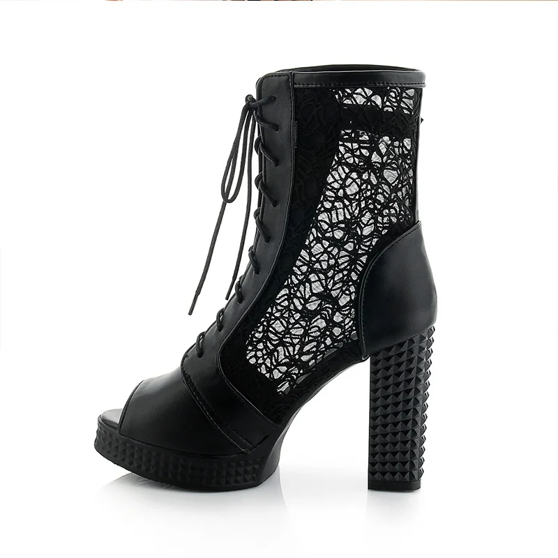 

Black Ecru Open Toe Waterproof Platform Lace-up Sexy Thick Heel Lady Summer Sandal Boots, Black/white
