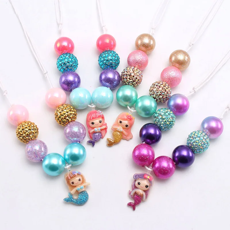 

Cute cartoon mermaid pendant chunky bubblegum beads charm baby girls necklaces, As picture show