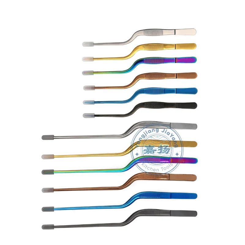 

(JYKTT-A151) Chef plating Tweezer wholesale Colorful titanium coating 6" and 8" Chef's Offset Tweezer, Customized color