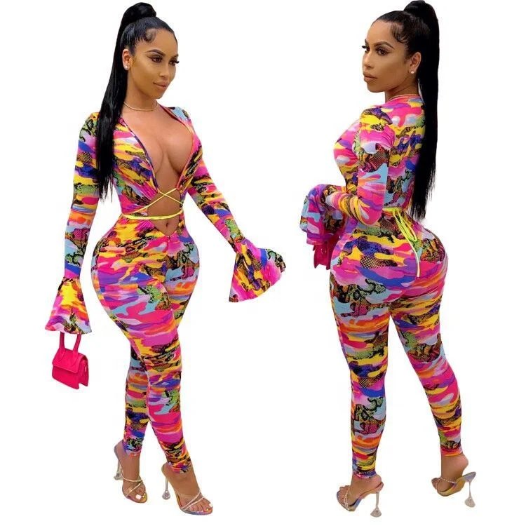 

RX Night club pencil pant women long sleeves jumpsuit fall 2021 floral printing ruffle sleeve women bodysuit jumpsuit, As picture shows or customized color