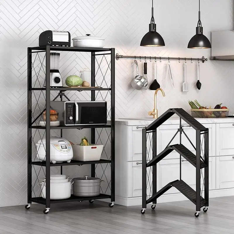 3/4 /5 Tier Kitchen Folding Shelf Rack for Home Storage Foldable Organizer Telescopic Metal Shelves with Wheels for Living Room