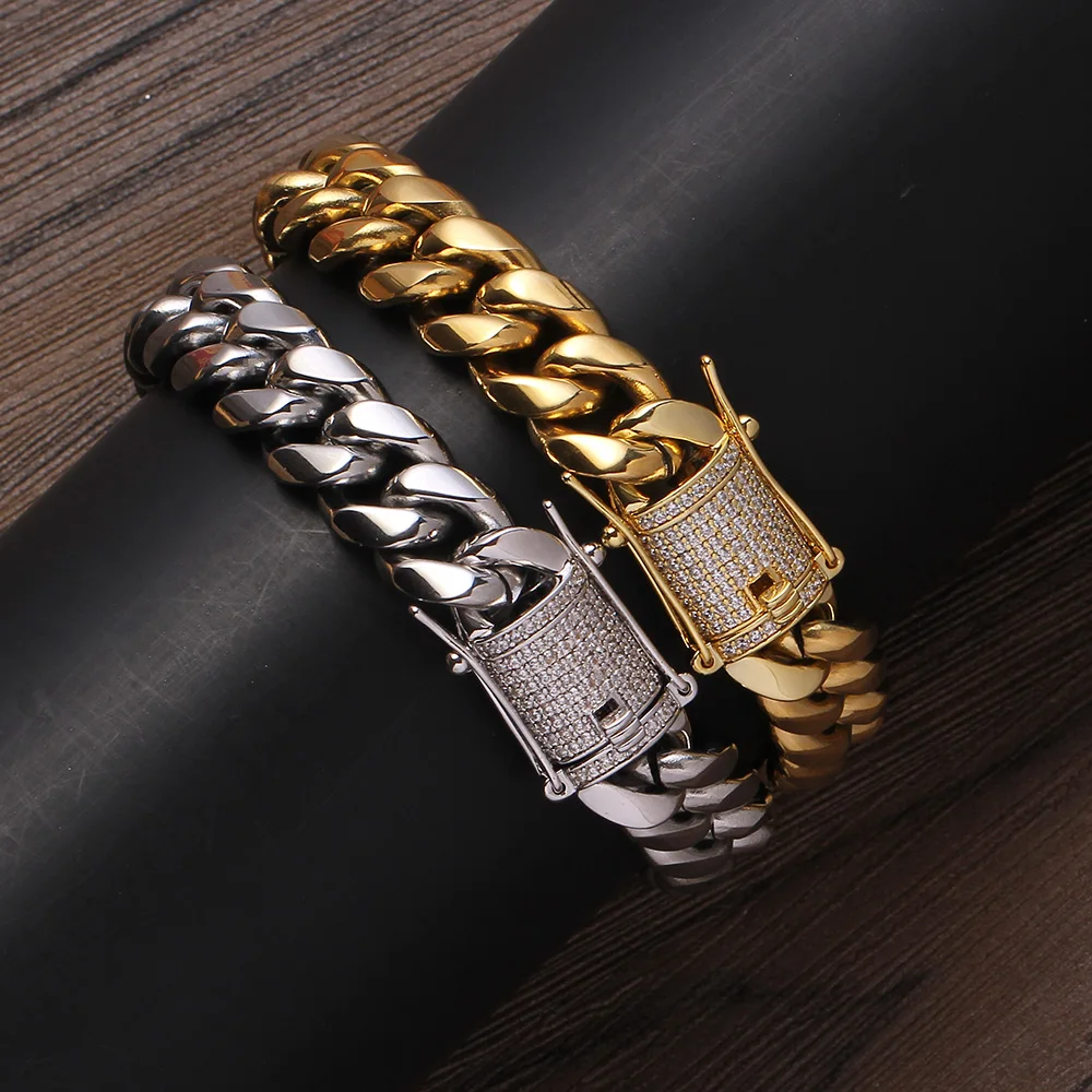 

' BB001 12mm 7inch 8inch Bracelet Stainless Steel Cuban Chain Bling bling Necklace Hip Hop Jewelry