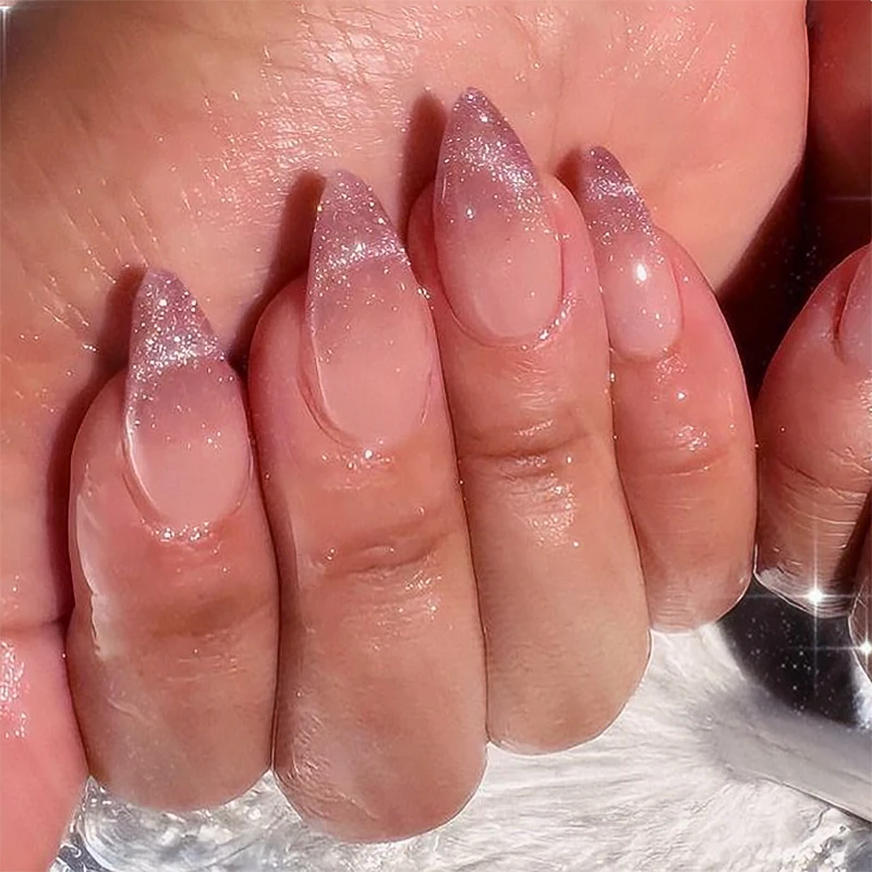 Dropshipping 24 Pcs 3724 Stylish Ombre Nail Tips with Glitter Accents Short Almond Press on Nails Artificial Fingernails