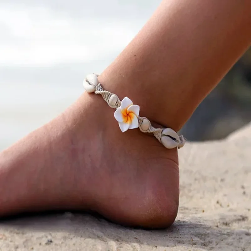 

Shangjie OEM tobillera Hand-woven clay flower sea shell anklet braided gold rope and bracelets women anklets, White/red