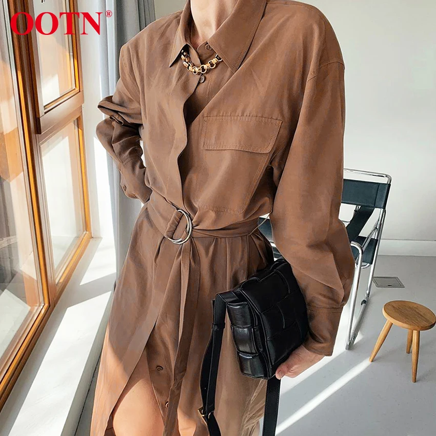 

OOTN Office Ladies Autumn Winter 2020 Elegant Long Dress Women Long Sleeve Brown Trench Dress Vintage Sashes Shirt Dress