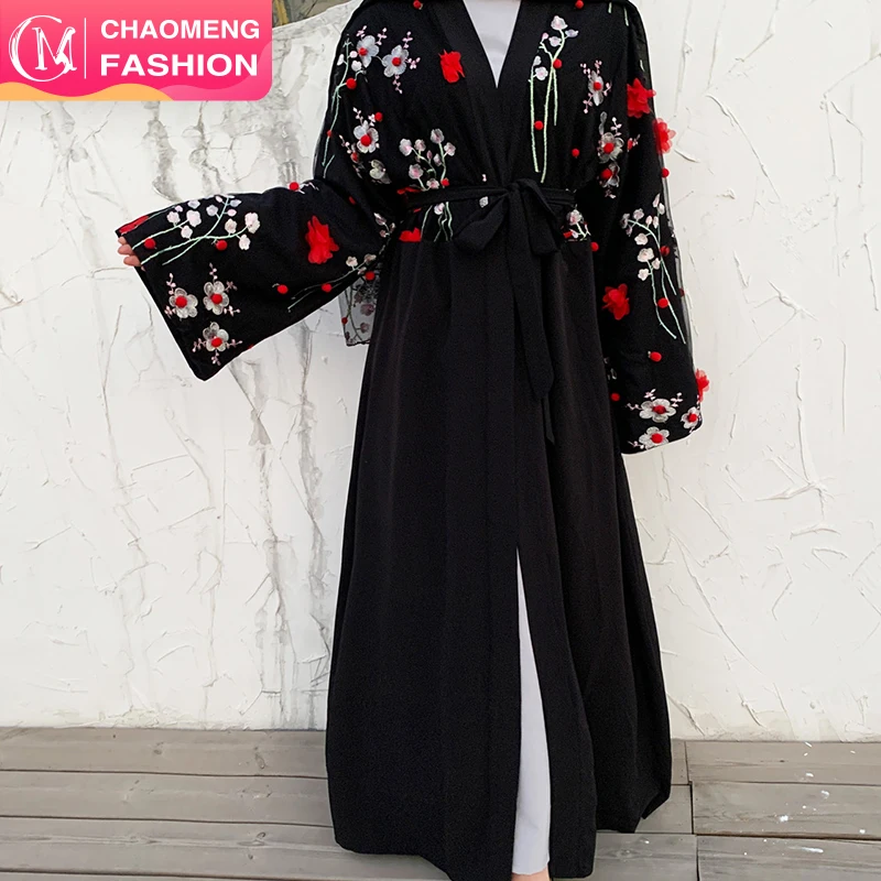 

1632# Latest Designs 3D flowers open floral kimono cardigan kaftan hijab new model abaya in dubai, Black,pink,grey/customized