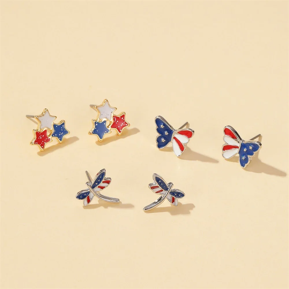 

USA Patriotic US United States National Flag Dangle Star Butterfly Stud Earrings Jewelry, Picture shows