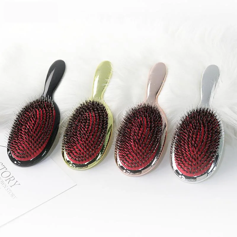 

Private Label Hairbrush Cushion Detangling Paddle Electroplated Wig Extension Gold Silver Oval Pig Boar Bristle Hair Brush