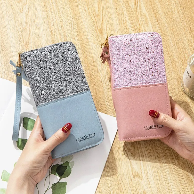 

Wholesale Cheaper Multi Colors PU Leather Women Wallet Sequined Women Long Clutch Wallet for Ladies, 7 colors as pictures