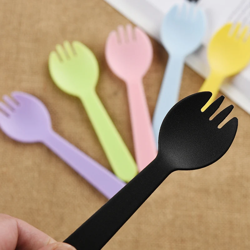 

25pcs Disposable Plastic Spork Spoons Forks for Cake Ice Cream Salad Fruit Dessert Soup Coffee Party Cake Baking Shop Supplies, Color mixing