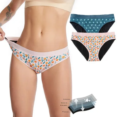 

40480 Women Breathable Cotton Period Panties Full Protection 4 Layers Leak Proof Menstrual Panties, Orange print, cactus print, black