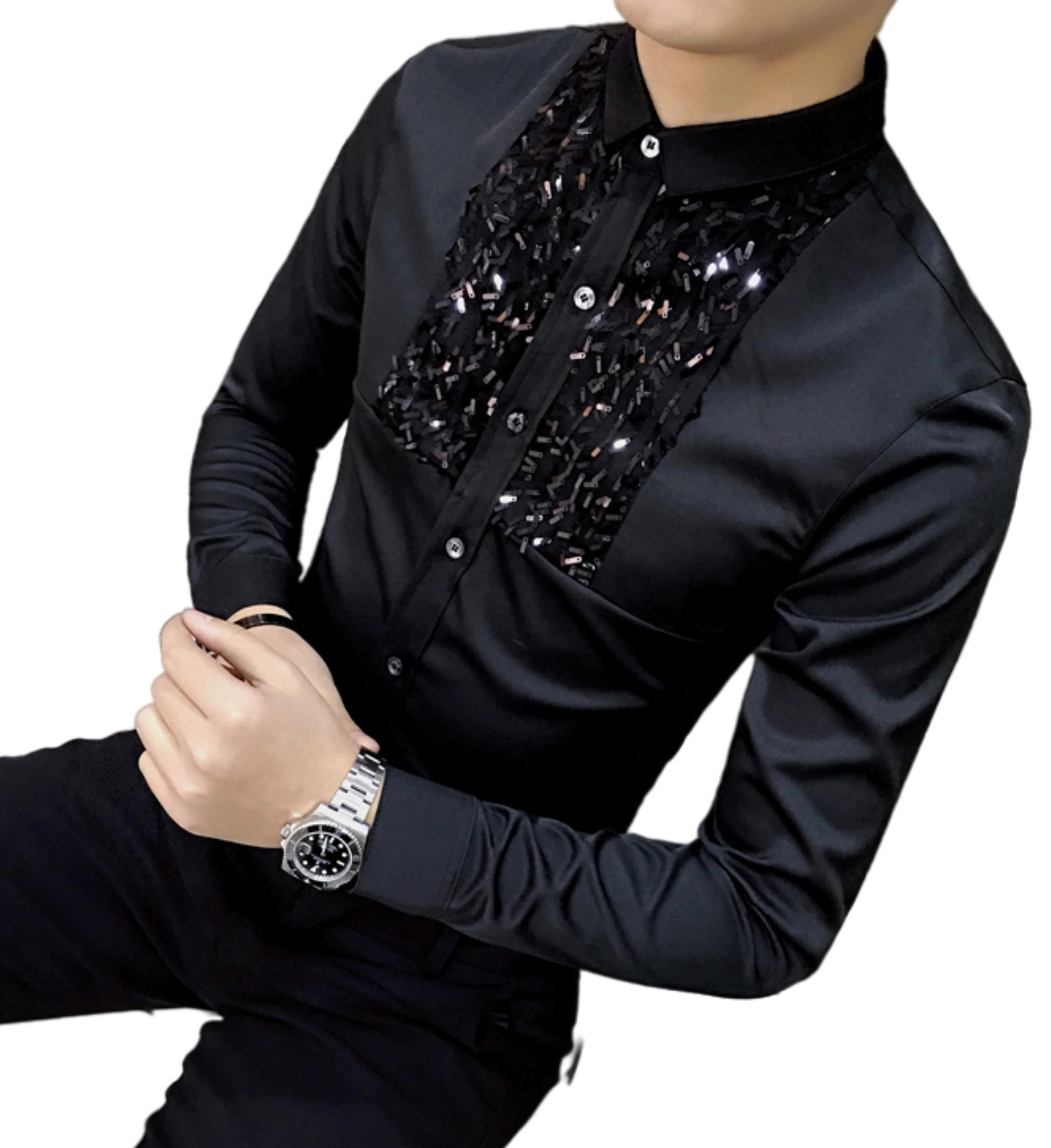 

New Fashion Sequin Slim Fit Mens Lace Shirt Long Sleeve Men Dress Shirts Casual Designer Clothes Black White
