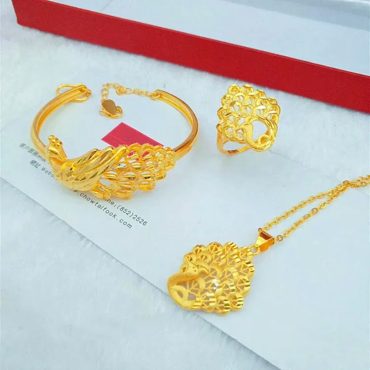 

Gold Matte Peacock Pendant Braceletring Brass Gold Plated Gold Ladies Jewelry Set For Women