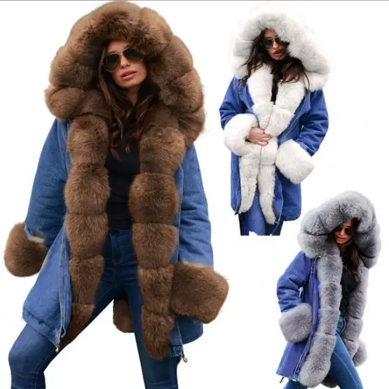 

2020 winter jacket women outwear thick parkas Lady's denim coat natural real fox fur collar coat, Blue