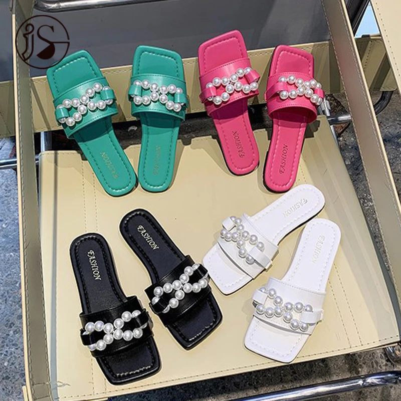 

Hot selling candy color flat shoes Cross pearl decorated ladies fashion slippers Women slippers Ladies and female slides, Picture