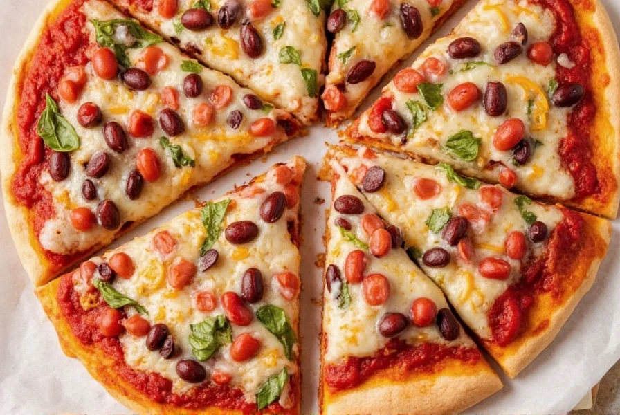 A platter of bean-topped pizzas with garnishes and herbs