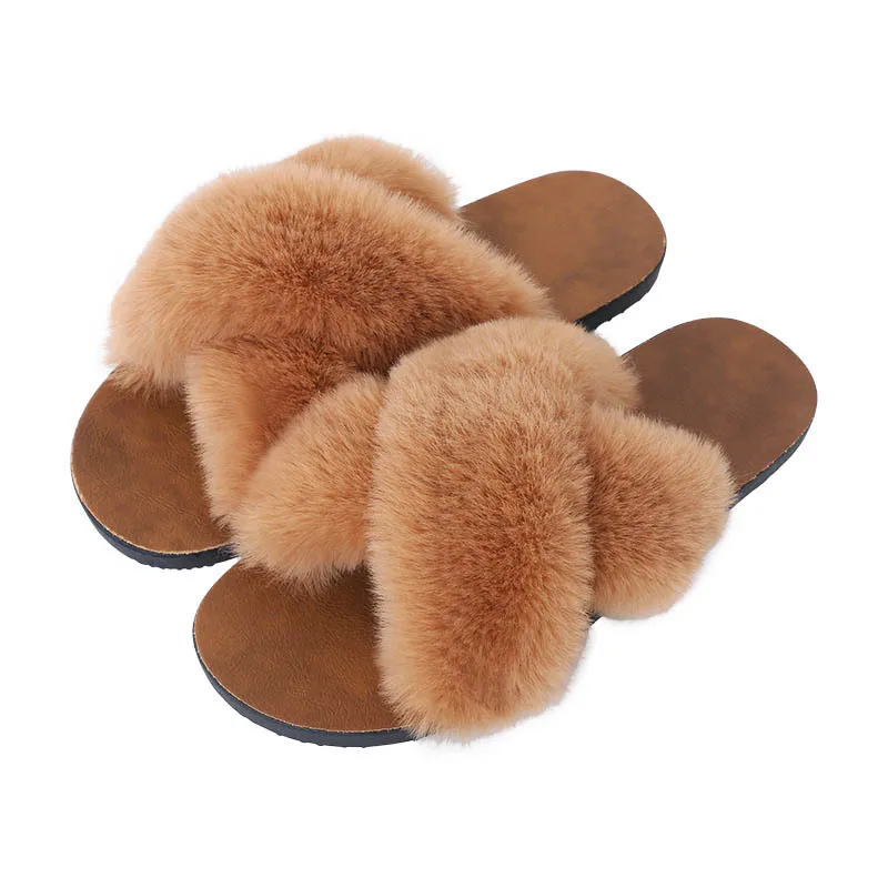 

winter slippers furry slippers for women cross faux fur upper slippers for women indoors outdoor slides, As picture