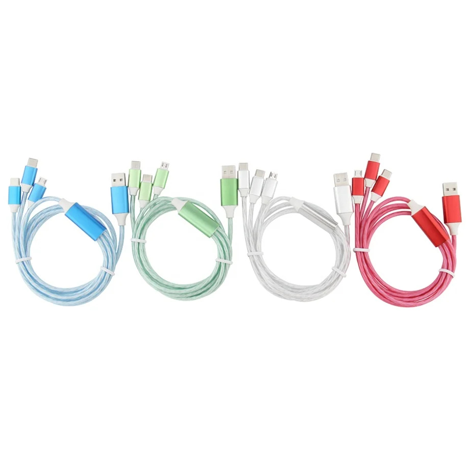 

New Design 1.2m LED Glow Flowing Data Line USB Charger Cable Type C Micro 8Pin 3 in 1 Fast Charging Cables, Blue, red, green, white
