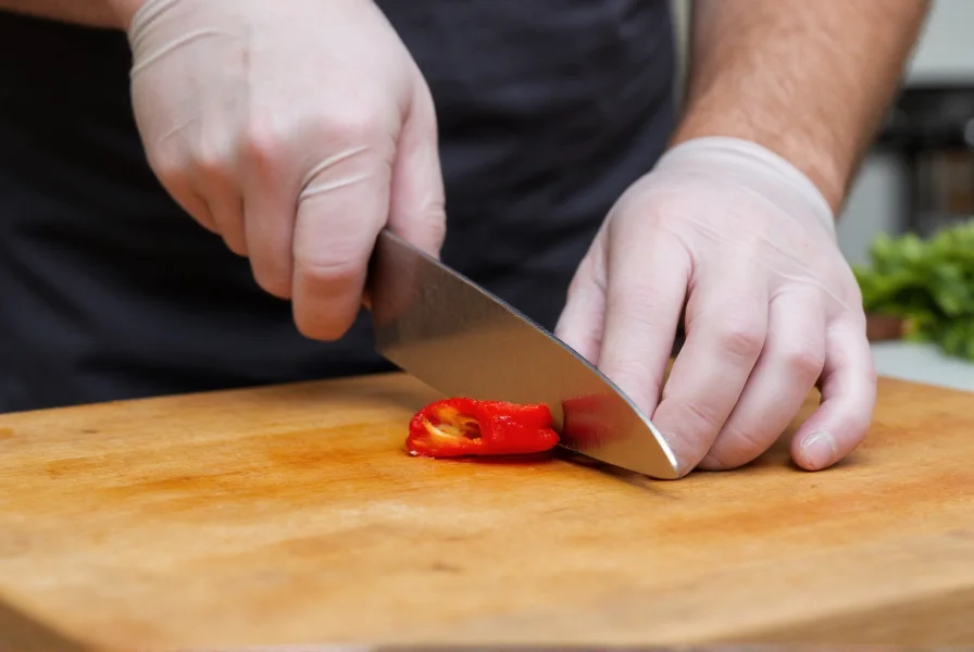 Chef wearing protective gloves while carefully slicing a red ghost pepper on a cutting board