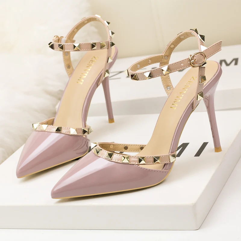 

Dropshipping slingback Pumps for women pointed top buckle strap heels rivet pumps shoes, Red, black, purple, grey, apricot