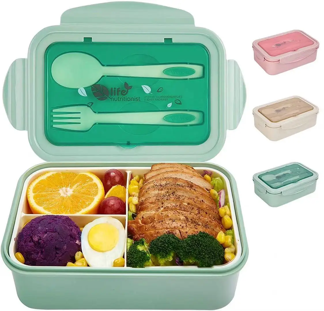 

3 compartments plastic bento box reusable pp plastic tiffin box kids lunch box with cutlery, As the picture as you see or customized