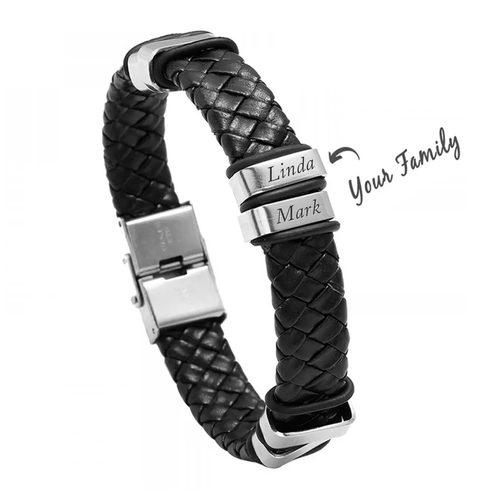 

Wholesale Personalized Custom Letters Braided Black Stainless Steel Mens Leather Bracelet For Engraving