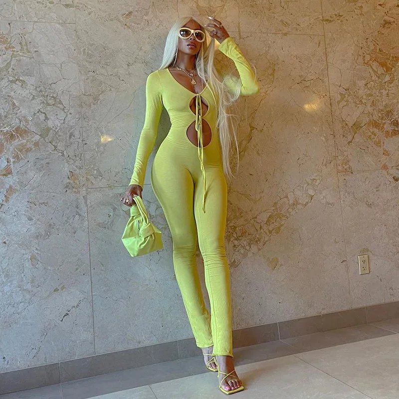 

New Casual Women Clothing Solid Color Hollow Out Lace Up Long Sleeve Trousers Jumpsuit