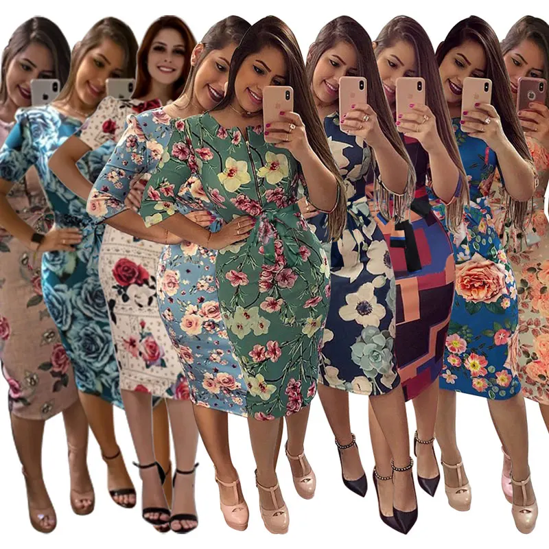

90802-MX3 12 colors flower printing plus size elegant lady dress