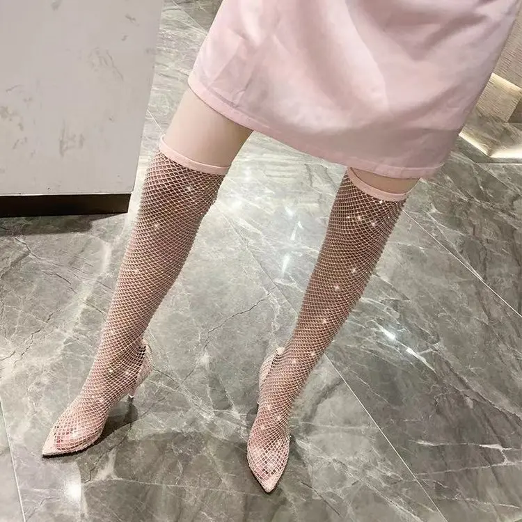 

Wholesale Pointed Toe Ladies High Ankle Boots Shiny Clear Women Over The Knee High Thigh Heel Boots, Long black,long pink,short black