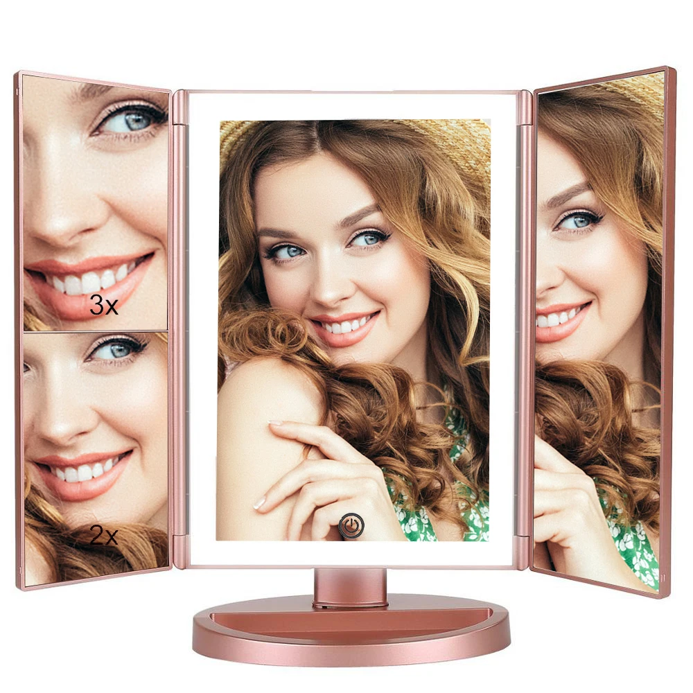 

Three Ways Foldable 1X 2X 3X Magnifier Led Light Vanity Table Makeup Mirror For Beauty Women