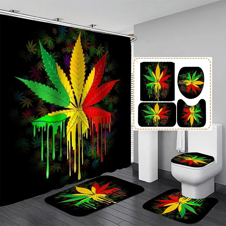 

Custom 4 pcs Maple Leaf Print Bathroom Curtain Weed Waterproof Polyester Shower with 12 C hooks