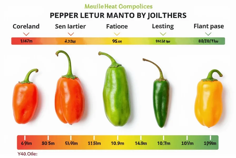 Visual Scoville scale comparison showing Hatch peppers positioned between poblano and jalapeño peppers with precise heat measurements