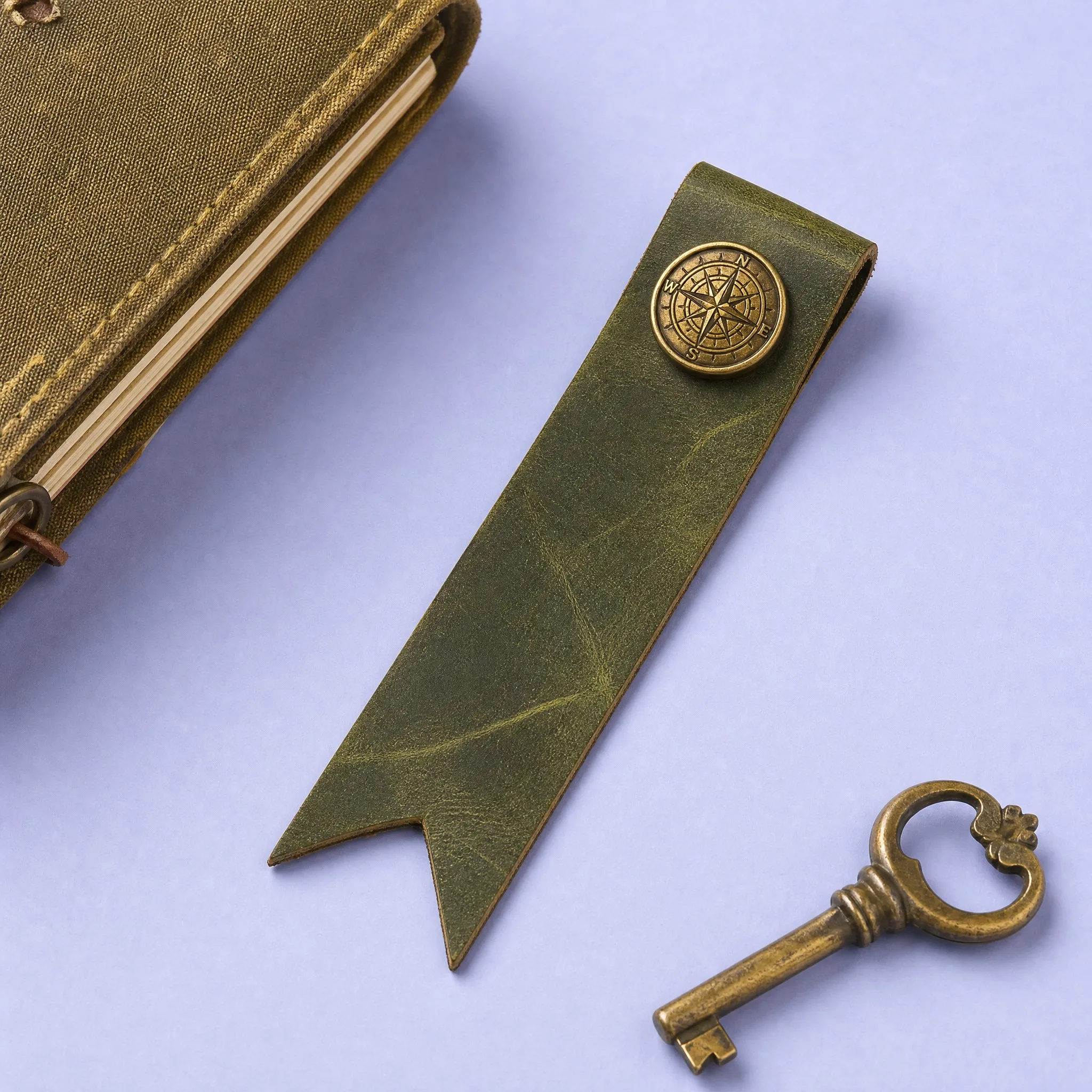 Custom Magnetic Foldover Crazy Horse Leather Bookmark with 3D Antique Brass Compass Medallion