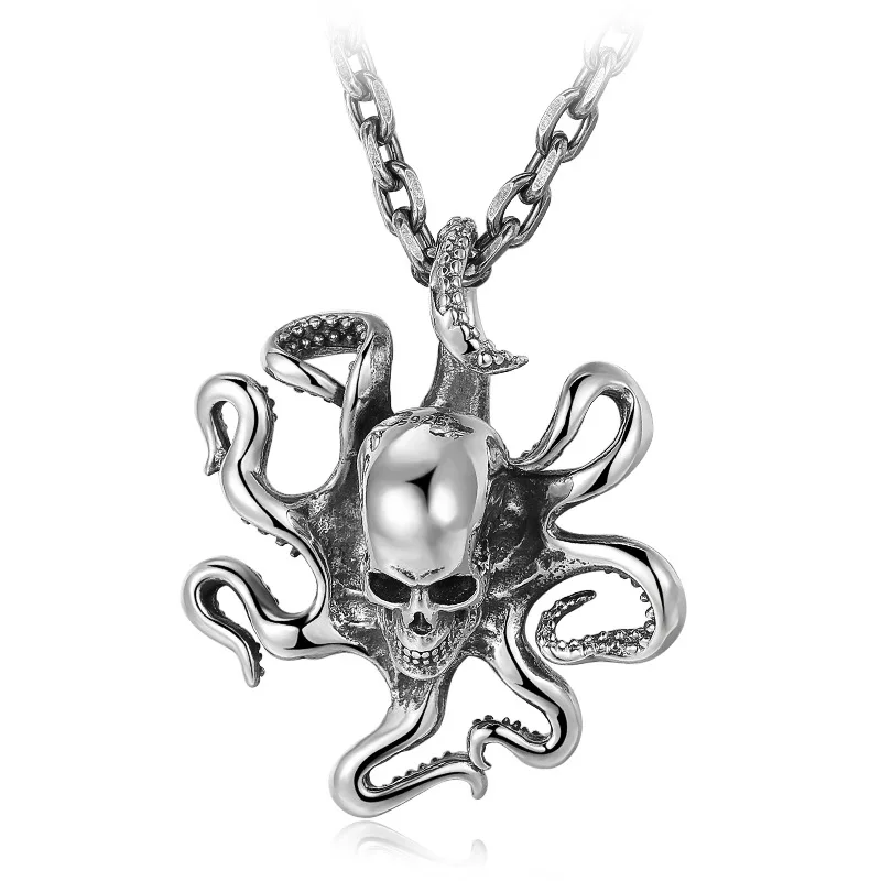 

S925 Sterling Silver Trend Octopus Skull Pendant for Men Necklace Fashion Men and Women Punk Rock Style Pendant