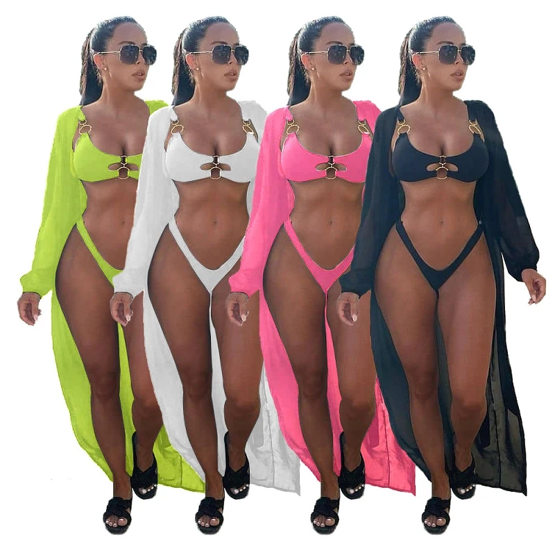 

EB-20030834 New product ideas 2021 sexy 3 piece swimsuit solid color bikinis woman swimwear & beachwear, 4 colors