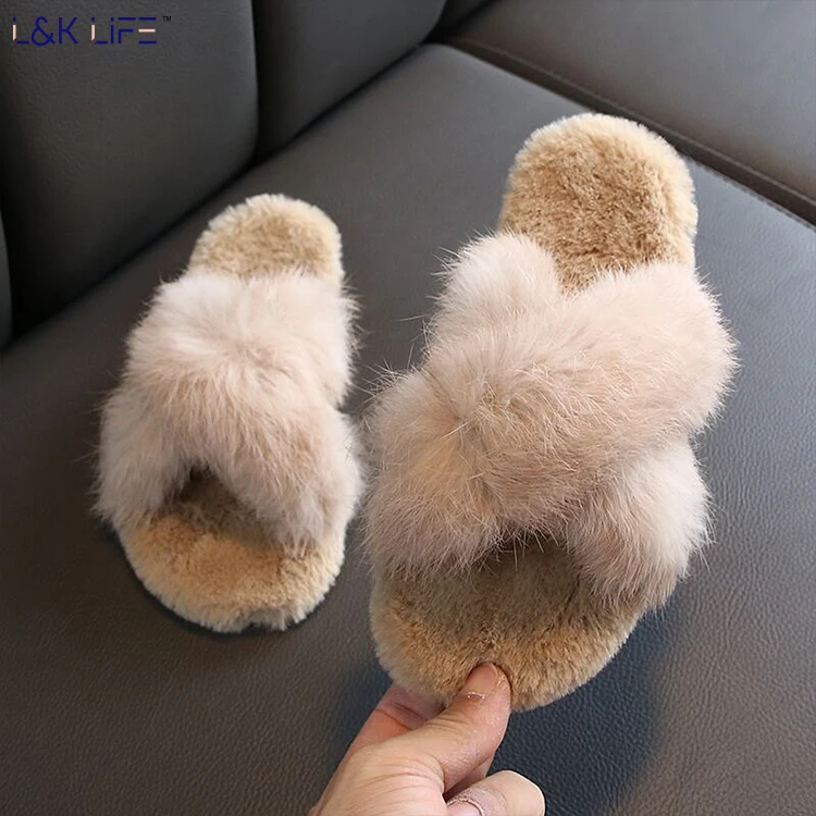 

Korean imitated rabbit fur warm slippers new girl children home plush slippers, Black brown