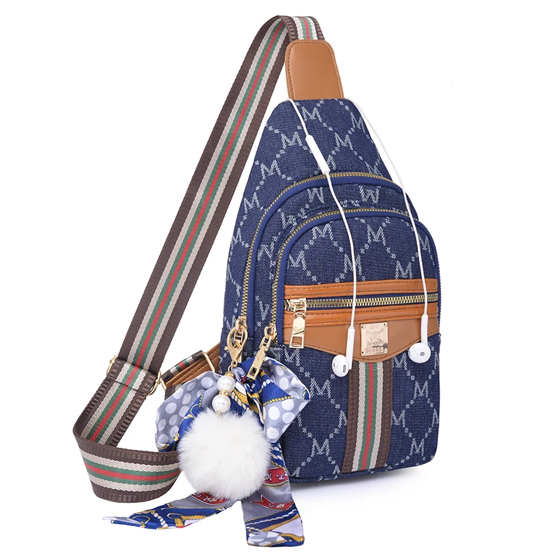 

Hot Sale Multicolor Printed Sling Nylon Denim blue Leather Custom Anti Theft Crossbody Bag, As color show or customized color