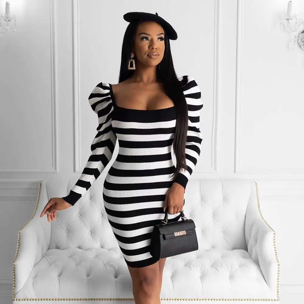 

Spring Autumn Women Slash Neck Striped Dress Sexy Off Shoulder Long Sleeve Party Club Wear E3335