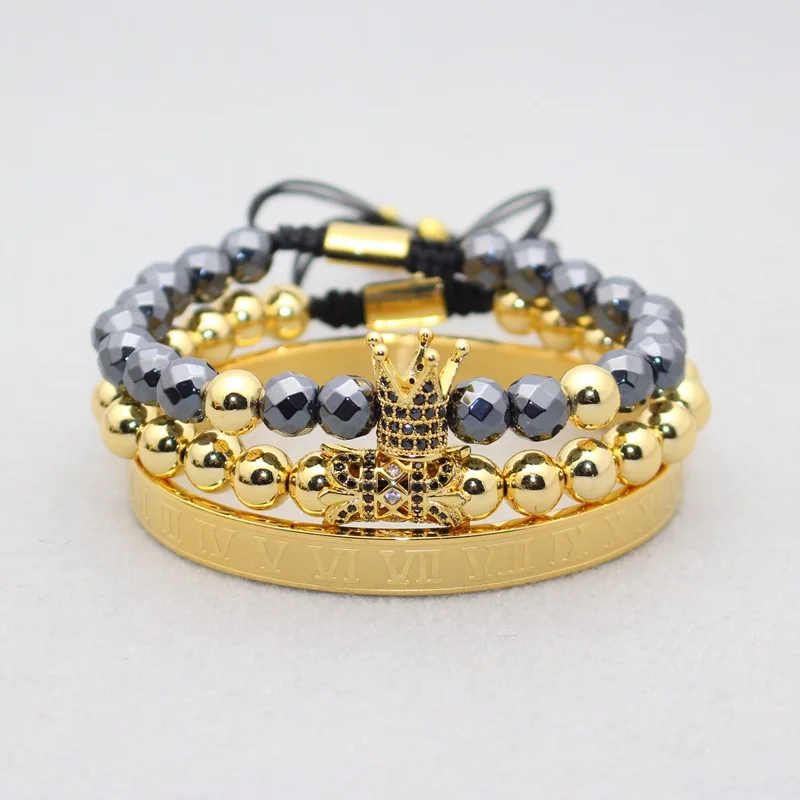 

European Men's 3Pcs/Set 8mm Black Hematite Bead Crown Bracelet 18K Gold Plated Stainless Steel Bangle Crown Bracelet Set